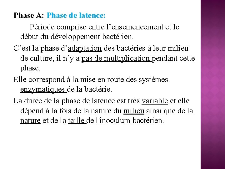 Phase A: Phase de latence: Période comprise entre l’ensemencement et le début du développement