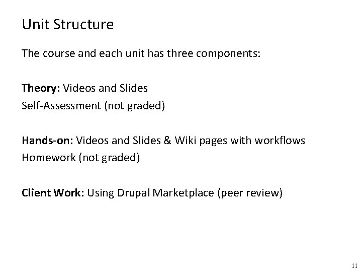 Unit Structure The course and each unit has three components: Theory: Videos and Slides