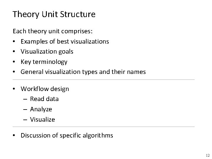 Theory Unit Structure Each theory unit comprises: • Examples of best visualizations • Visualization
