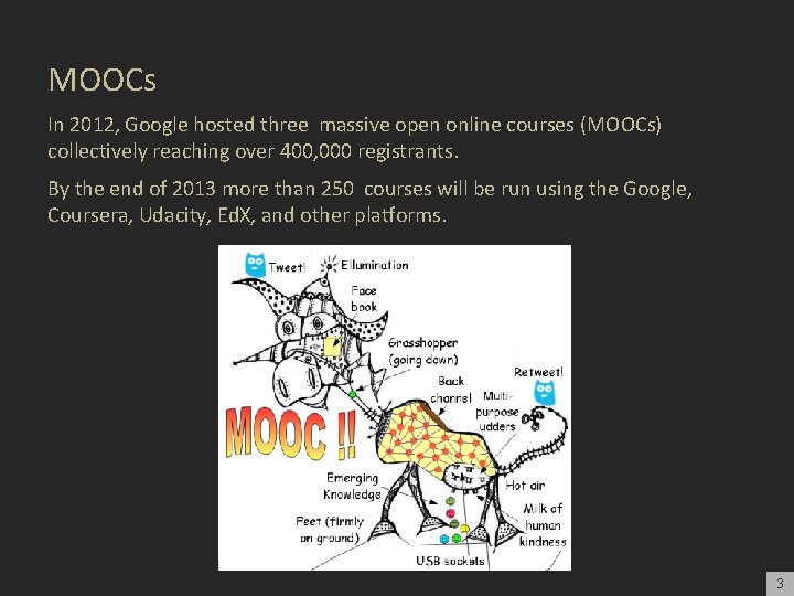 MOOCs In 2012, Google hosted three massive open online courses (MOOCs) collectively reaching over
