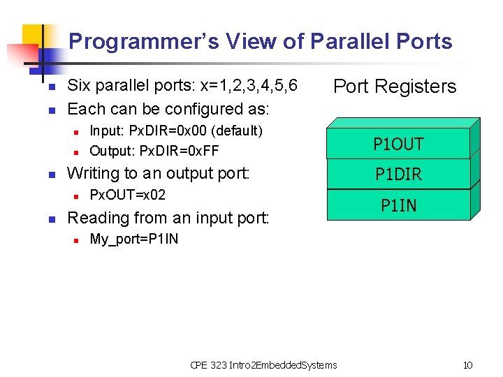 Programmer’s View of Parallel Ports n n Six parallel ports: x=1, 2, 3, 4,
