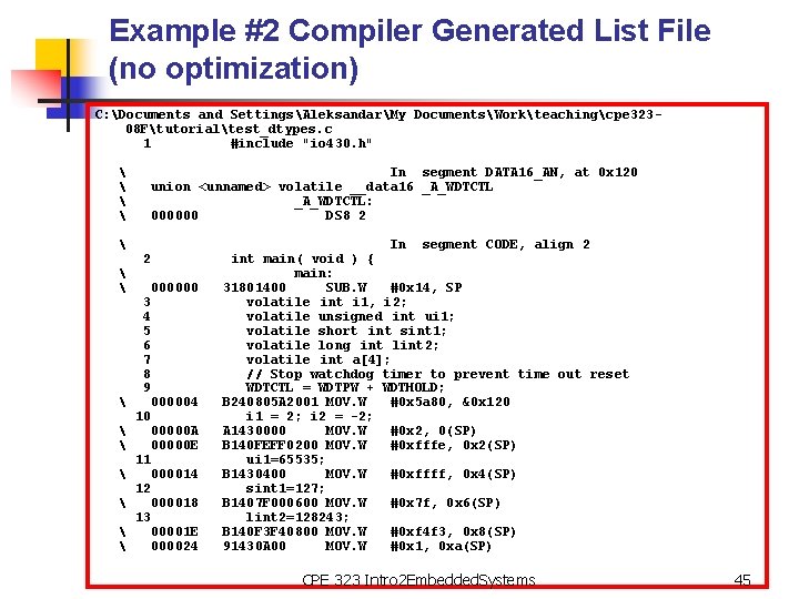 Example #2 Compiler Generated List File (no optimization) C: Documents and SettingsAleksandarMy DocumentsWorkteachingcpe 32308