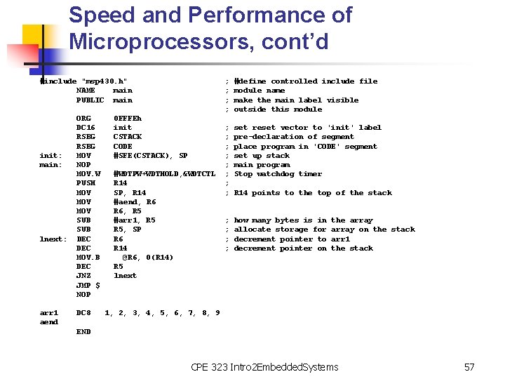 Speed and Performance of Microprocessors, cont’d #include "msp 430. h" NAME main PUBLIC main