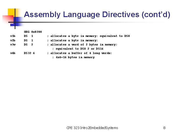 Assembly Language Directives (cont’d) v 1 b v 2 b v 3 w ORG