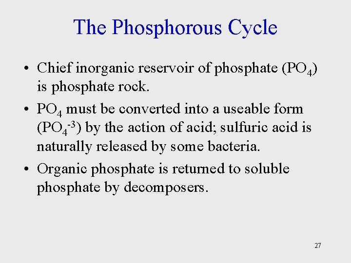 The Phosphorous Cycle • Chief inorganic reservoir of phosphate (PO 4) is phosphate rock.