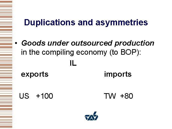 Duplications and asymmetries • Goods under outsourced production in the compiling economy (to BOP):