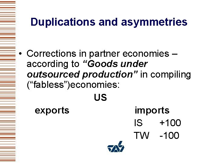 Duplications and asymmetries • Corrections in partner economies – according to “Goods under outsourced