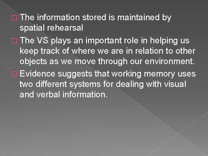 � The information stored is maintained by spatial rehearsal � The VS plays an