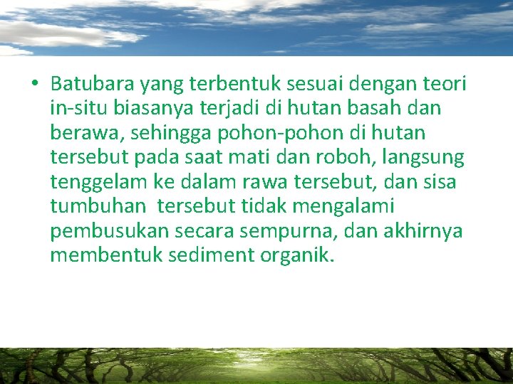  • Batubara yang terbentuk sesuai dengan teori in-situ biasanya terjadi di hutan basah