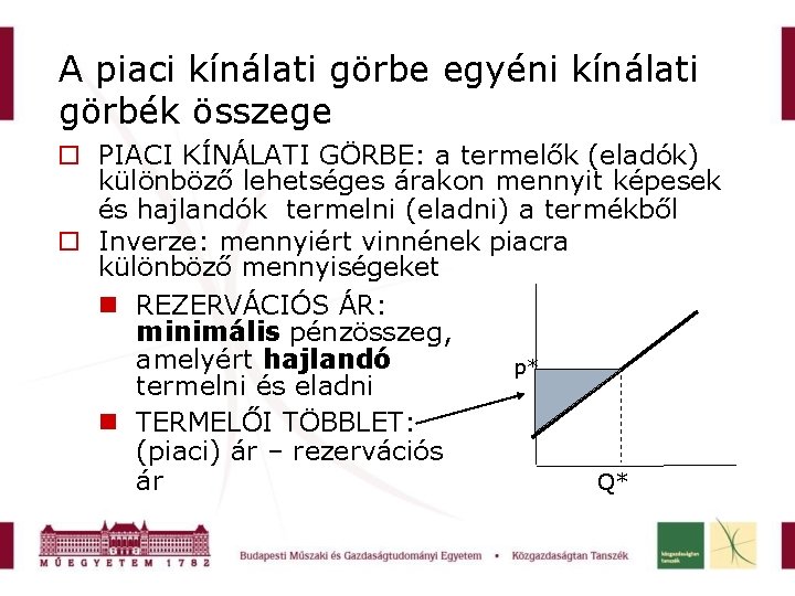 A piaci kínálati görbe egyéni kínálati görbék összege PIACI KÍNÁLATI GÖRBE: a termelők (eladók)