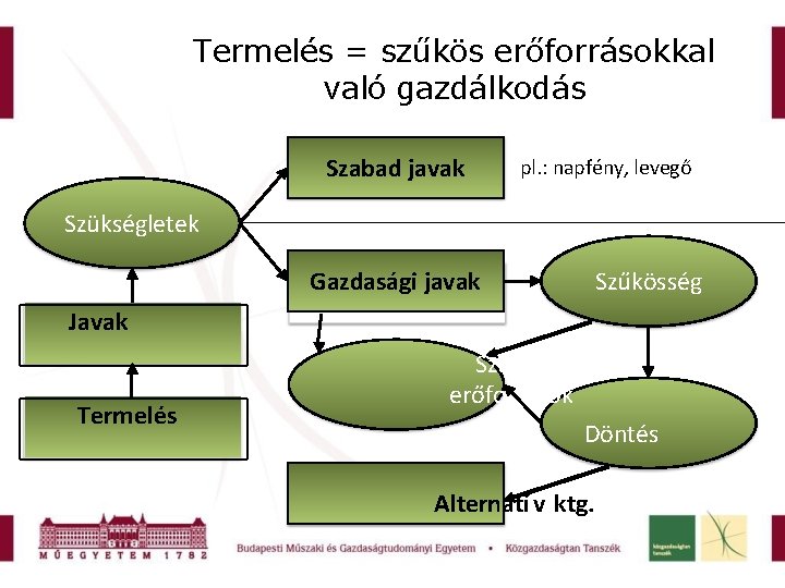 Termelés = szűkös erőforrásokkal való gazdálkodás Szabad javak pl. : napfény, levegő Szükségletek Gazdasági