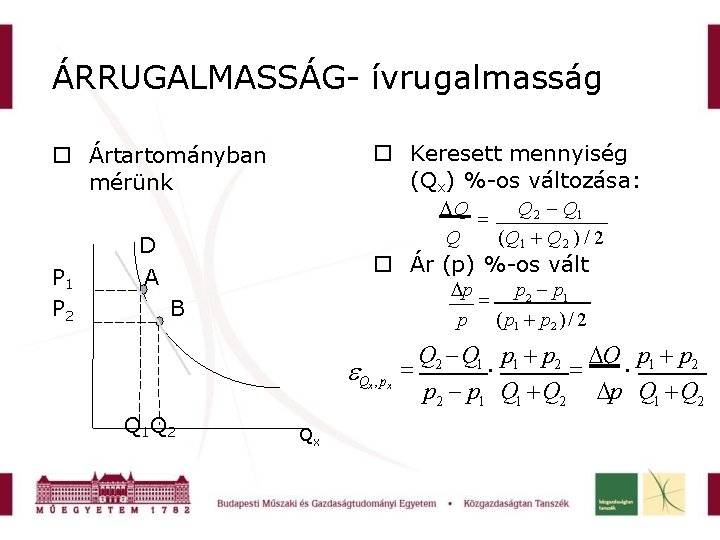 ÁRRUGALMASSÁG- ívrugalmasság Keresett mennyiség (Qx) %-os változása: Ártartományban mérünk P 1 P 2 Q