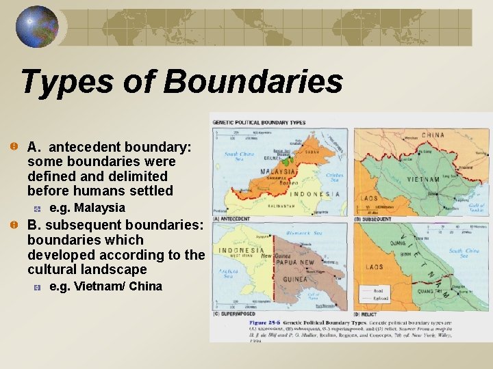 Types of Boundaries A. antecedent boundary: some boundaries were defined and delimited before humans Types of Boundaries A. antecedent boundary: some boundaries were defined and delimited before humans