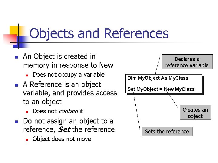 Objects and References n An Object is created in memory in response to New
