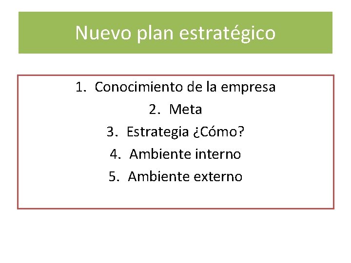 Nuevo plan estratégico 1. Conocimiento de la empresa 2. Meta 3. Estrategia ¿Cómo? 4.