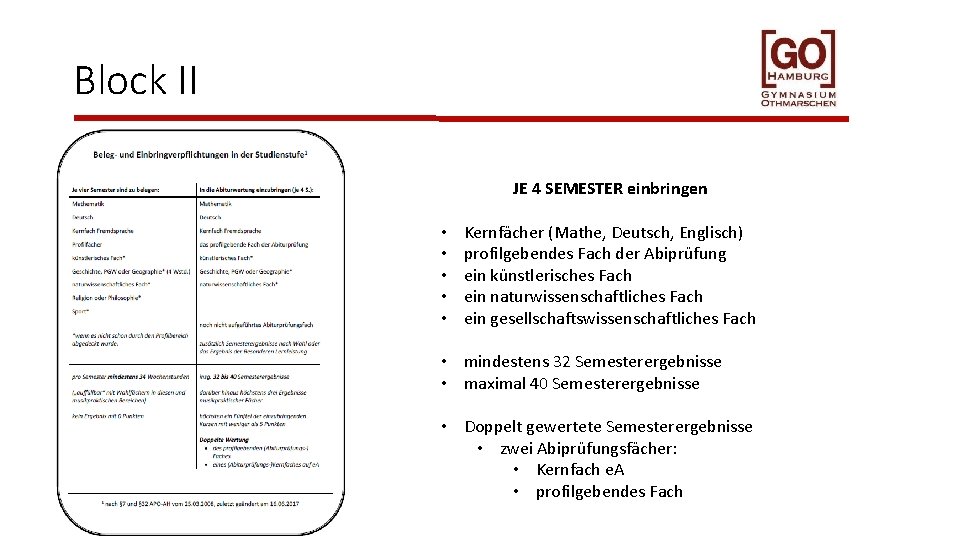 Block II JE 4 SEMESTER einbringen • • • Kernfächer (Mathe, Deutsch, Englisch) profilgebendes