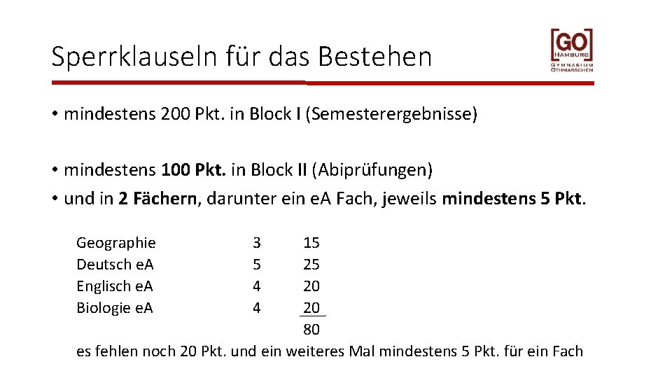 Sperrklauseln für das Bestehen • mindestens 200 Pkt. in Block I (Semesterergebnisse) • mindestens