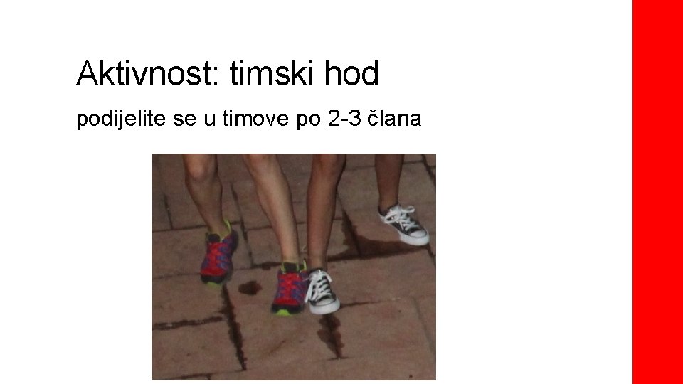 Aktivnost: timski hod podijelite se u timove po 2 -3 člana 