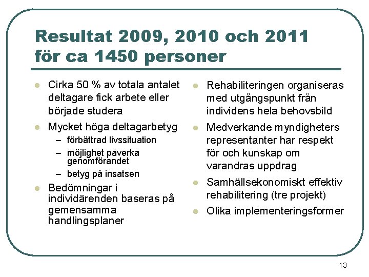 Resultat 2009, 2010 och 2011 för ca 1450 personer l l Cirka 50 %