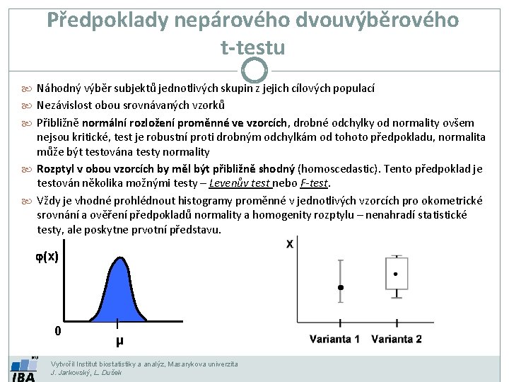 Předpoklady nepárového dvouvýběrového t-testu Náhodný výběr subjektů jednotlivých skupin z jejich cílových populací Nezávislost