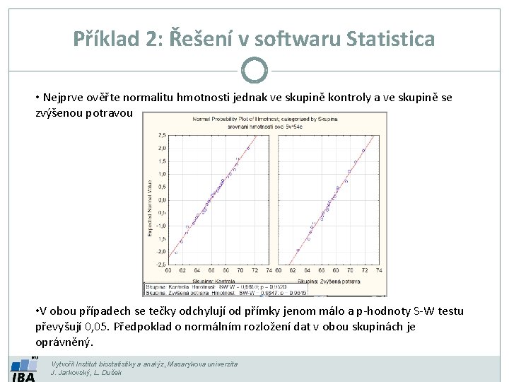 Příklad 2: Řešení v softwaru Statistica • Nejprve ověřte normalitu hmotnosti jednak ve skupině