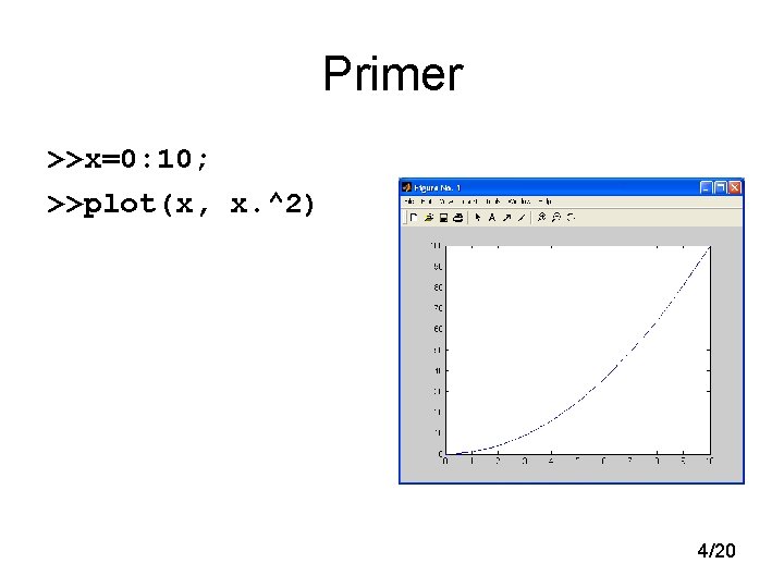 Primer >>x=0: 10; >>plot(x, x. ^2) 4/20 