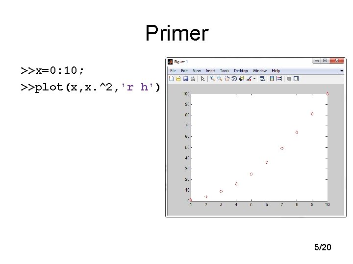 Primer >>x=0: 10; >>plot(x, x. ^2, 'r h') 5/20 