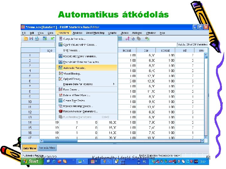 Automatikus átkódolás 2/5/2022 Ketskeméty László Statisztika II. 51 