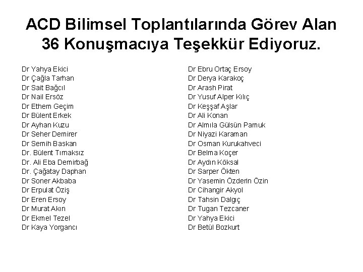 ACD Bilimsel Toplantılarında Görev Alan 36 Konuşmacıya Teşekkür Ediyoruz. Dr Yahya Ekici Dr Çağla