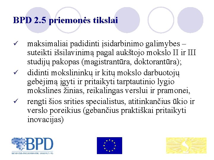 BPD 2. 5 priemonės tikslai ü ü ü maksimaliai padidinti įsidarbinimo galimybes – suteikti