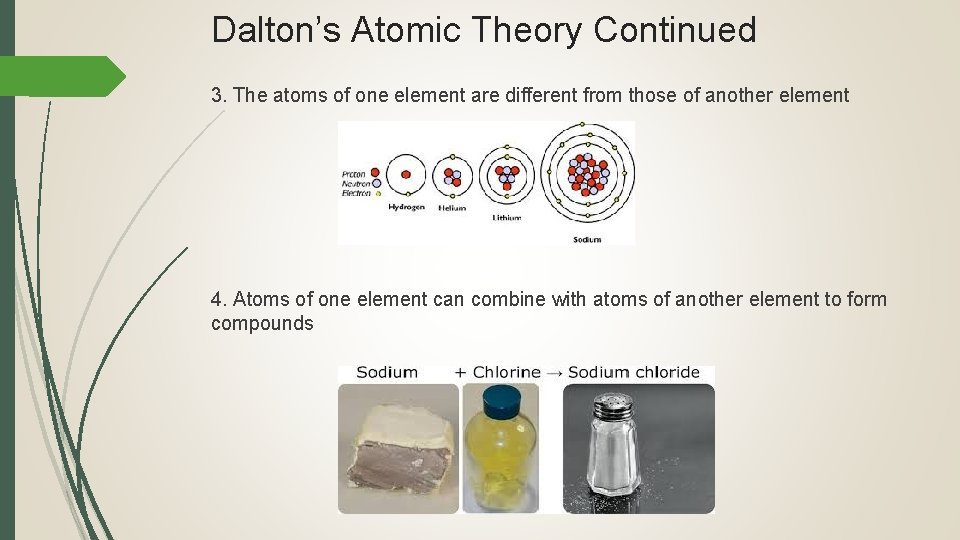Dalton’s Atomic Theory Continued 3. The atoms of one element are different from those