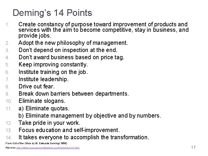 Deming’s 14 Points 1. 2. 3. 4. 5. 6. 7. 8. 9. 10. 11.