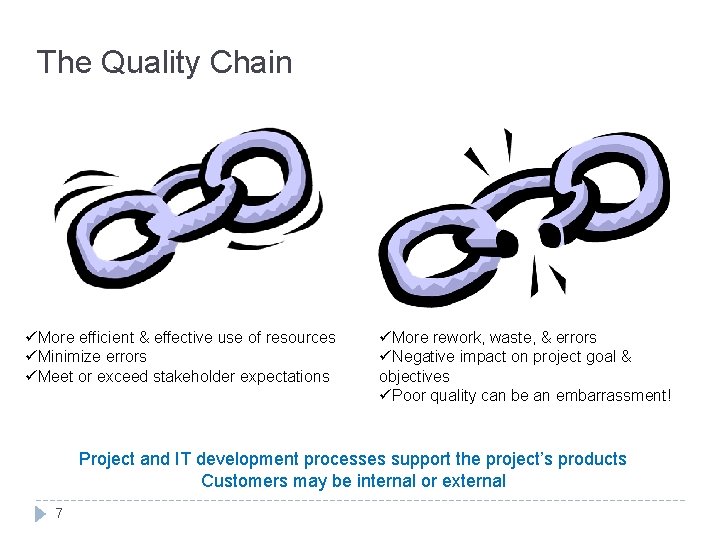 The Quality Chain üMore efficient & effective use of resources üMinimize errors üMeet or