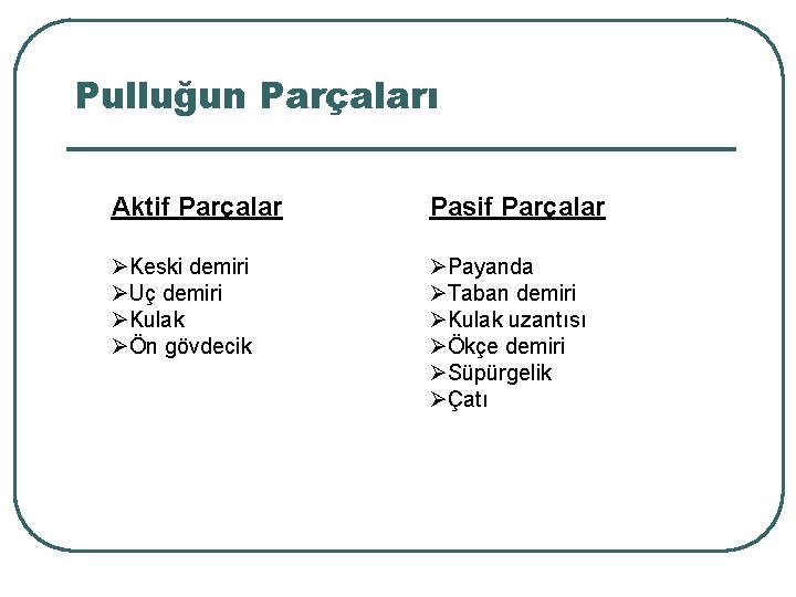 Pulluğun Parçaları Aktif Parçalar Pasif Parçalar Keski demiri Uç demiri Kulak Ön gövdecik Payanda