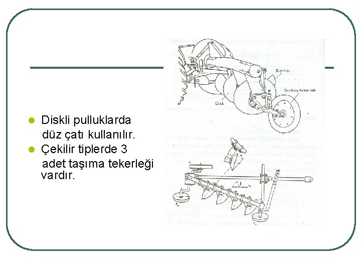 Diskli pulluklarda düz çatı kullanılır. l Çekilir tiplerde 3 adet taşıma tekerleği vardır. l