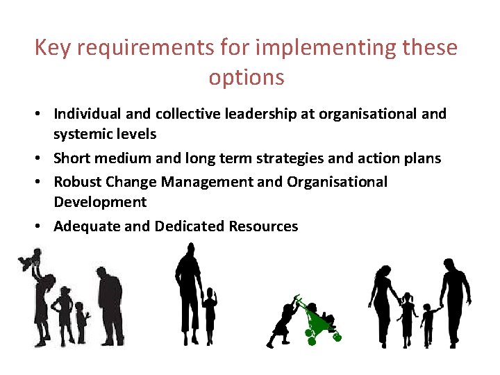 Key requirements for implementing these options • Individual and collective leadership at organisational and