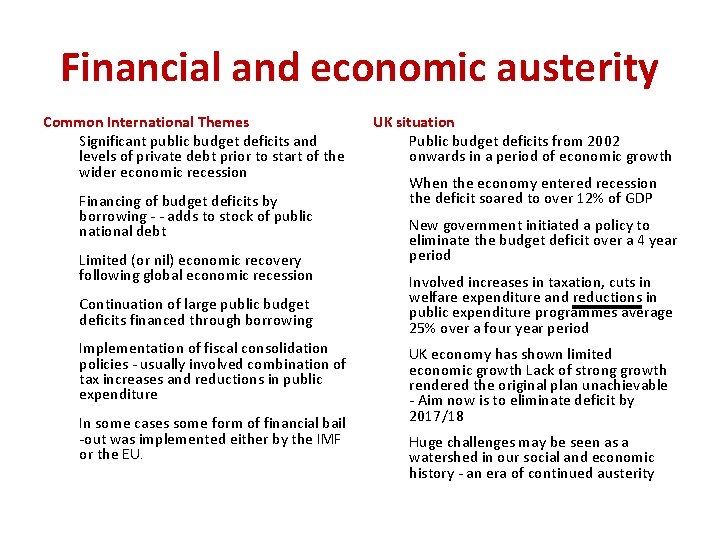 Financial and economic austerity Common International Themes Significant public budget deficits and levels of