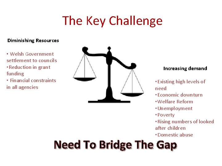 The Key Challenge Diminishing Resources • Welsh Government settlement to councils • Reduction in