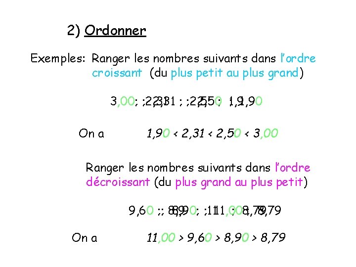 2) Ordonner Exemples: Ranger les nombres suivants dans l’ordre croissant (du plus petit au