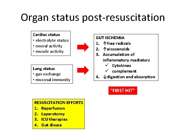 Organ status post-resuscitation Cardiac status • electrolyte status • neural activity • muscle activity