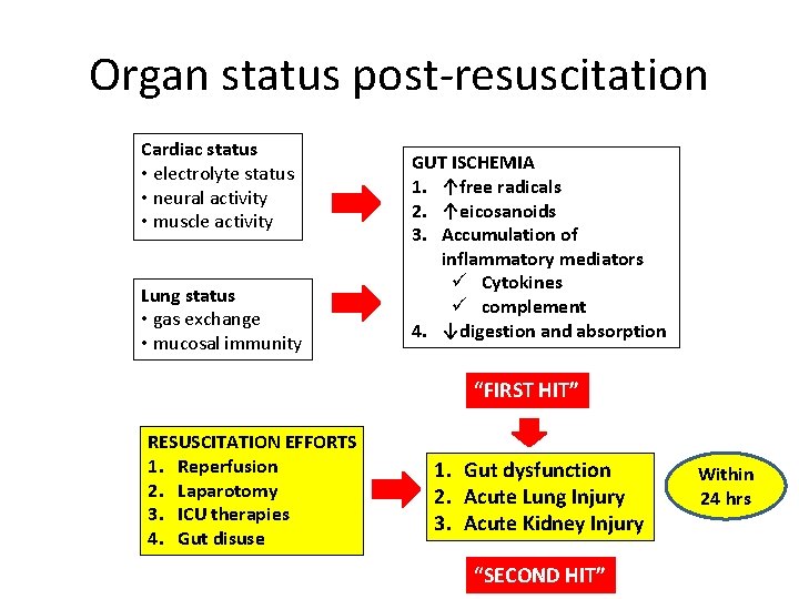 Organ status post-resuscitation Cardiac status • electrolyte status • neural activity • muscle activity