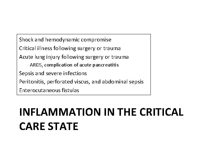 Shock and hemodynamic compromise Critical illness following surgery or trauma Acute lung injury following