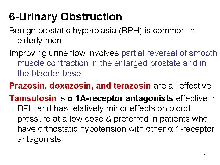 6 -Urinary Obstruction Benign prostatic hyperplasia (BPH) is common in elderly men. Improving urine