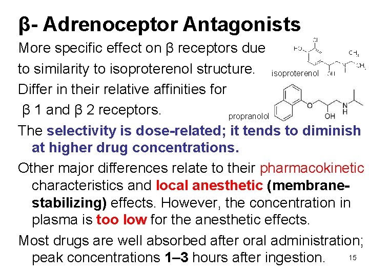β- Adrenoceptor Antagonists More specific effect on β receptors due to similarity to isoproterenol