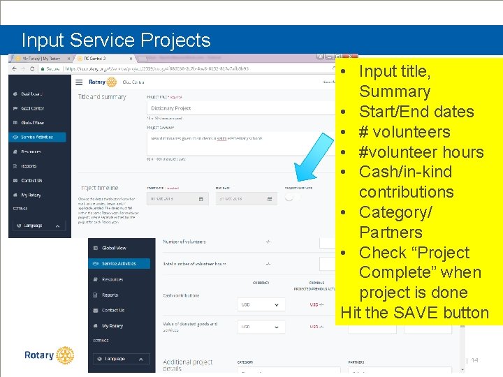 Input Service Projects • Input title, Summary • Start/End dates • # volunteers •