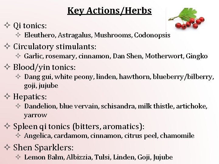 Key Actions/Herbs ² Qi tonics: ² Eleuthero, Astragalus, Mushrooms, Codonopsis ² Circulatory stimulants: ²