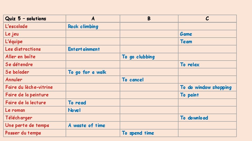Quiz 5 – solutions L’escalade A B C Rock climbing Le jeu Game L’équipe