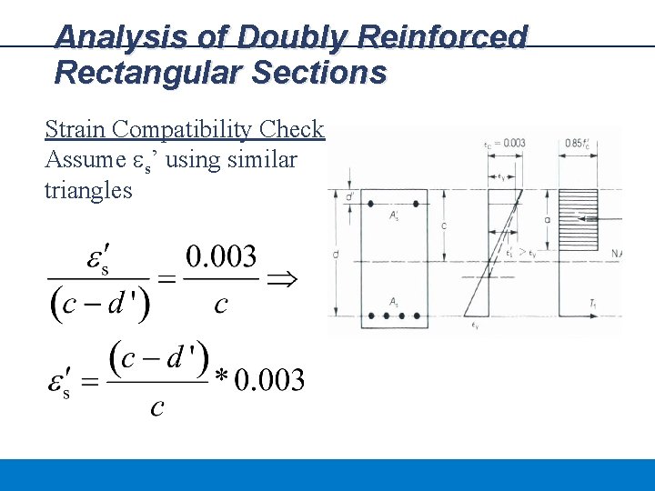 Analysis of Doubly Reinforced Rectangular Sections Strain Compatibility Check Assume es’ using similar triangles