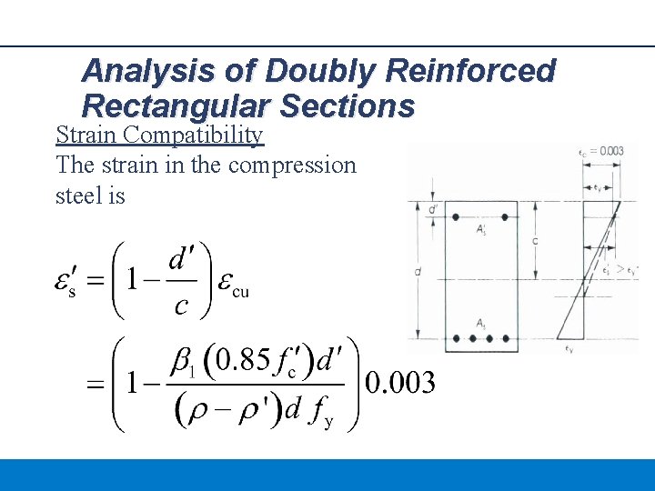 Analysis of Doubly Reinforced Rectangular Sections Strain Compatibility The strain in the compression steel