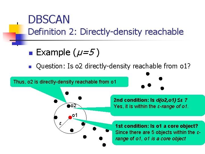 DBSCAN Definition 2: Directly-density reachable n Example (µ=5 ) n Question: Is o 2